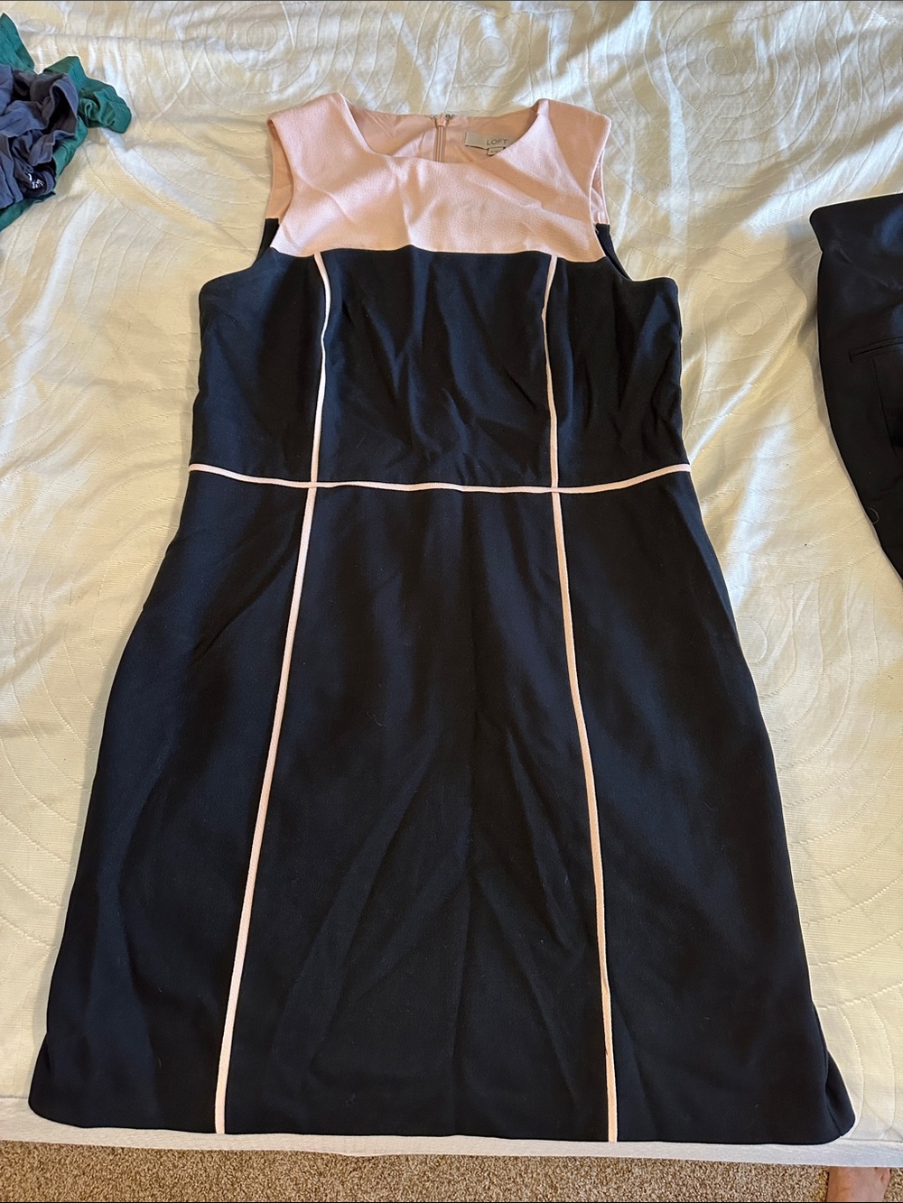 LOFT Black Sheath Dress with Light Pink Yoke and Piping